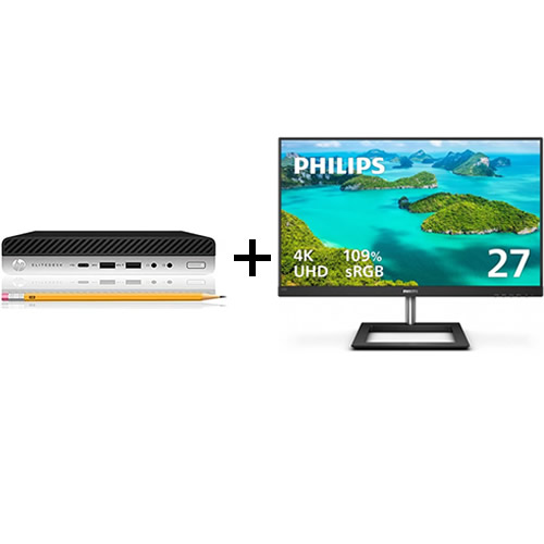 (8th gen) HP 600 G4 Tiny: Core i5-8500 2.1GHz 8G 256GB-SSD Win11 support + Philips 278E1A 27"in 4K UHD IPS LED Monitor (HDMIx2/DPx1/SPK) 60-Days Warranty